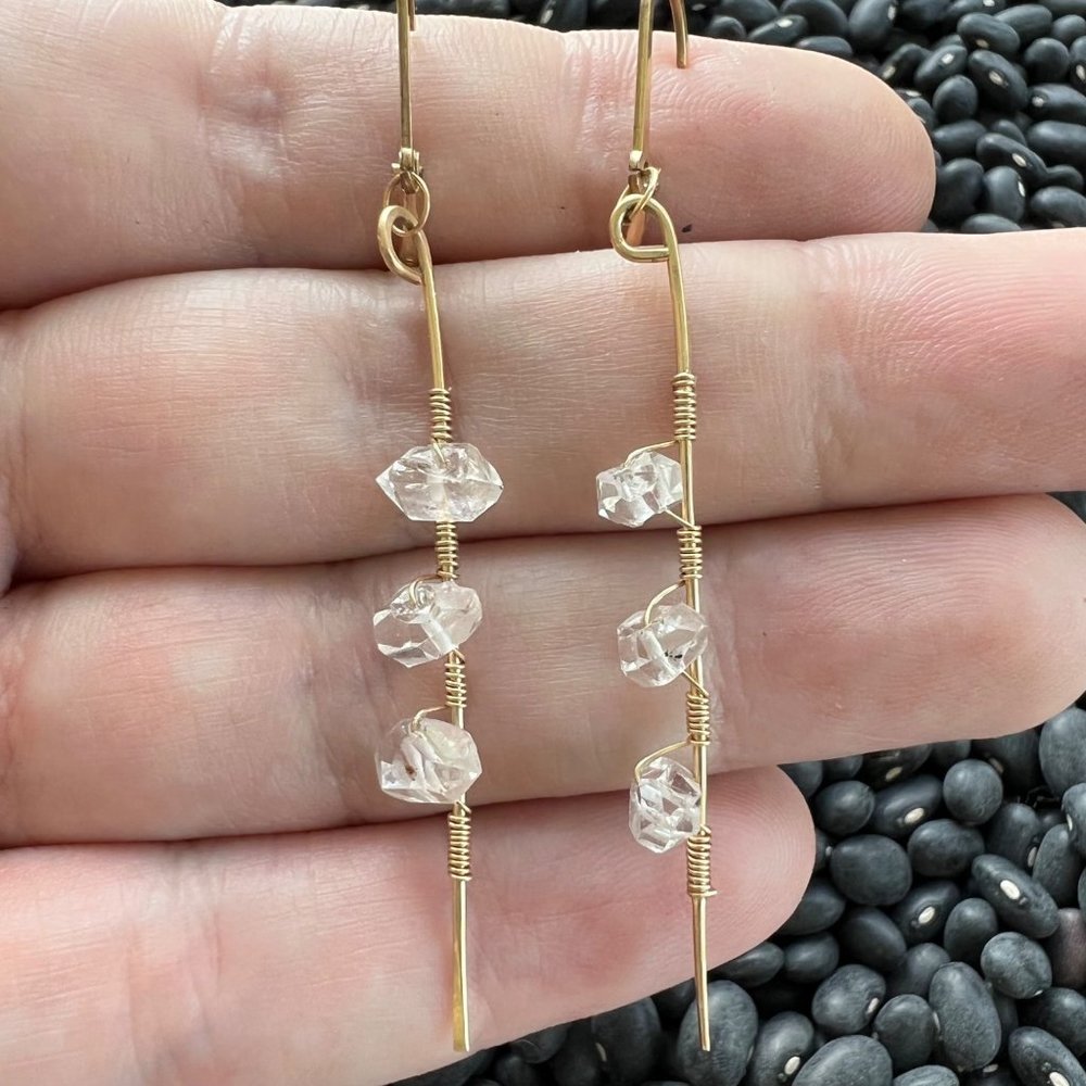 Quartz Crystal Gold Color Wire Wrapped Drop Earrings